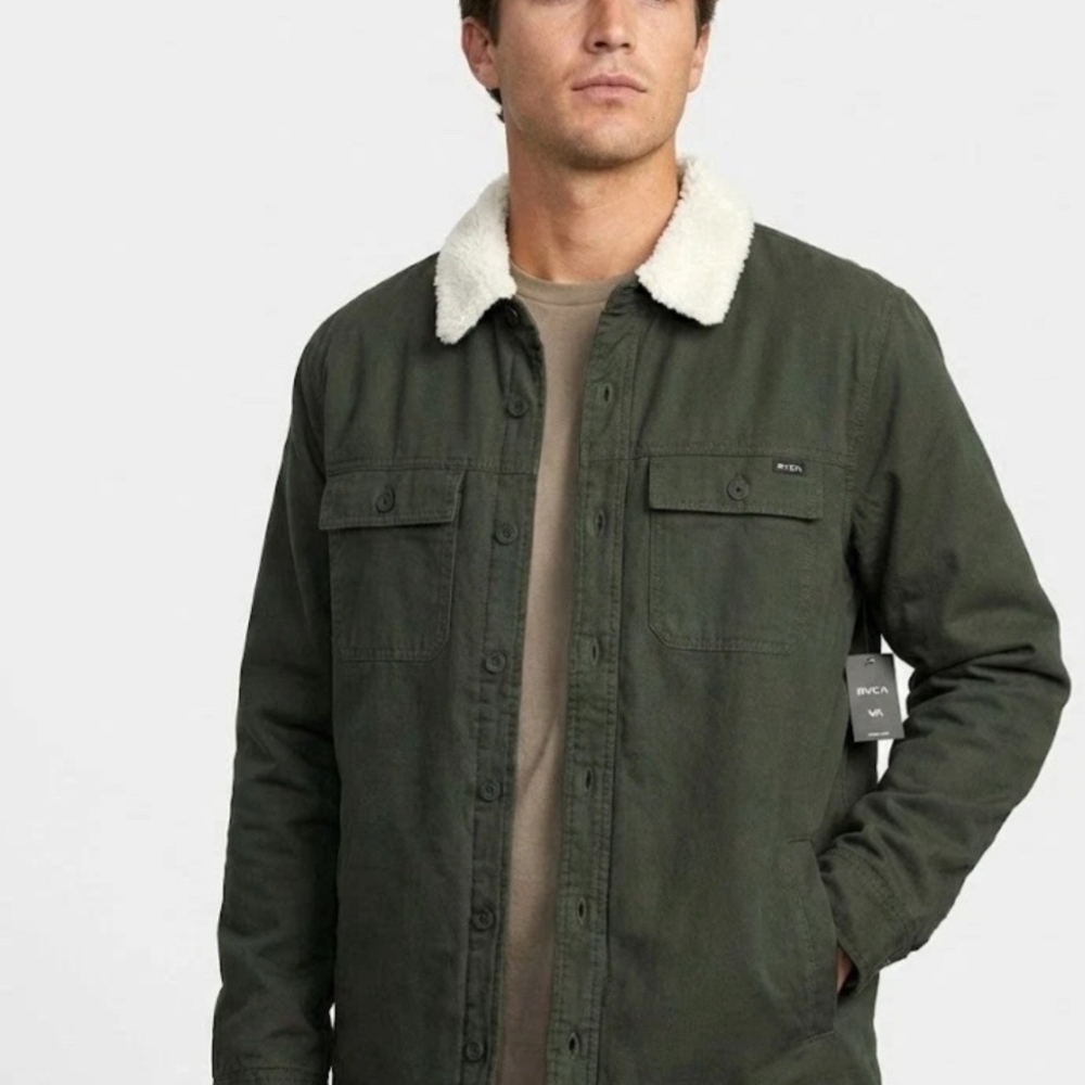 RVCA Army Green Men's Jacket with Sherpa Collar. Size L NWT